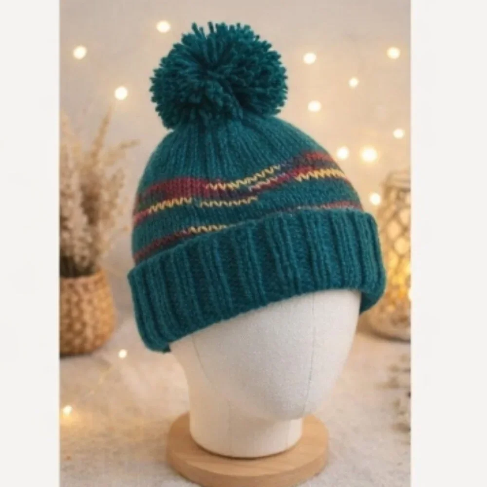 Forest Green Striped Knit Ribbed Pom-Pom Beanie Hat Cap OS Cozycore Cabincore